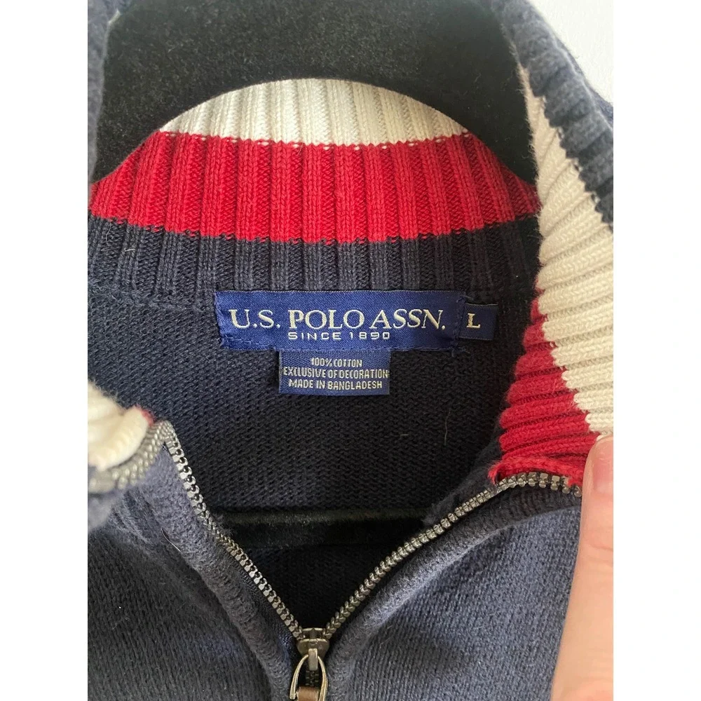 US Polo Assn Mens Navy Blue Full Zip‎ Mock Neck Cotton Cardigan Sweater Large